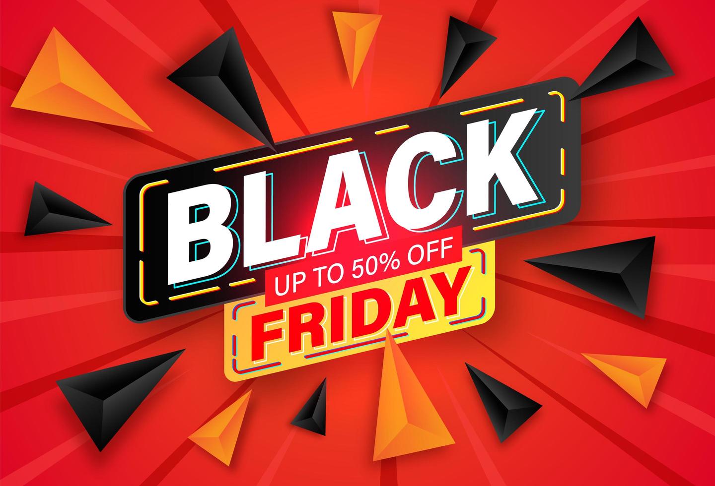 Black Friday Banner with Triangles on Red Rays Pattern vector