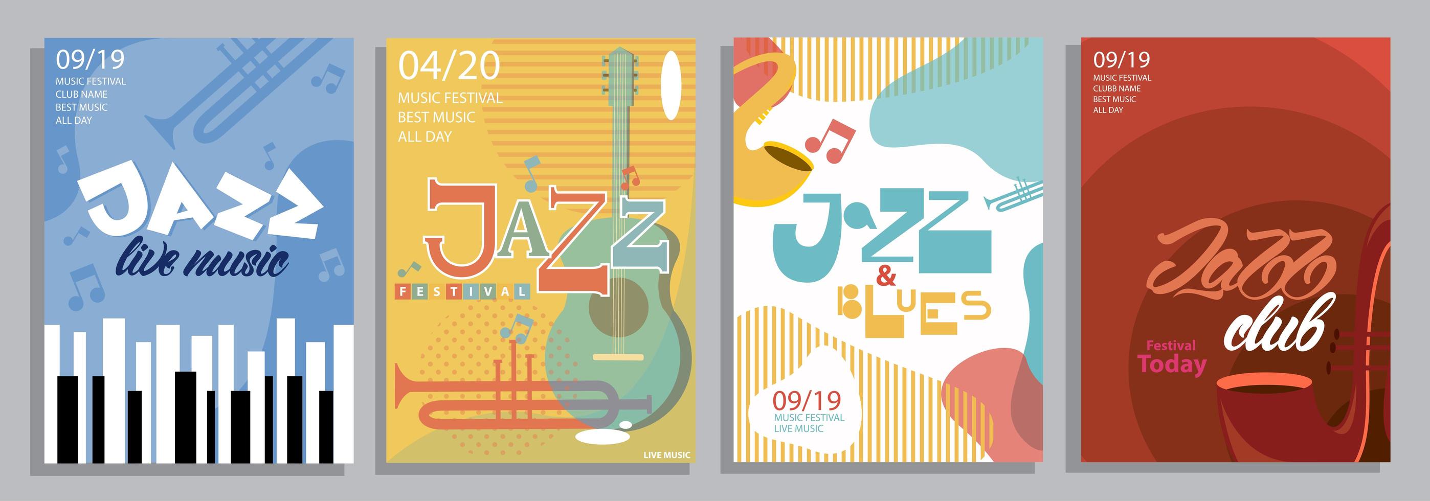 Conjunto de carteles de jazz con tipografía, instrumentos musicales. vector