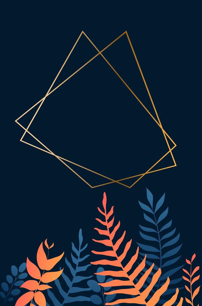 Geometric gold frame over blue and orange leaves vector