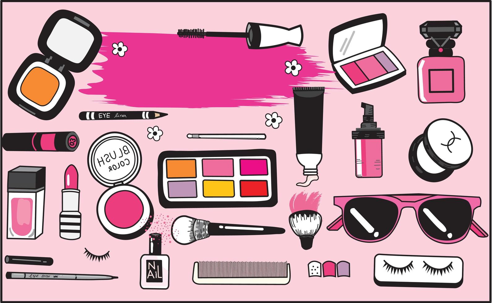 Hand drawn make-up and cosmetics set vector