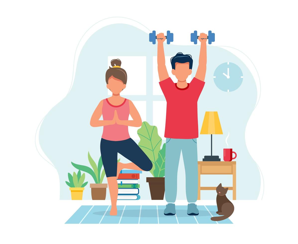 People doing exercise in cozy modern interior vector