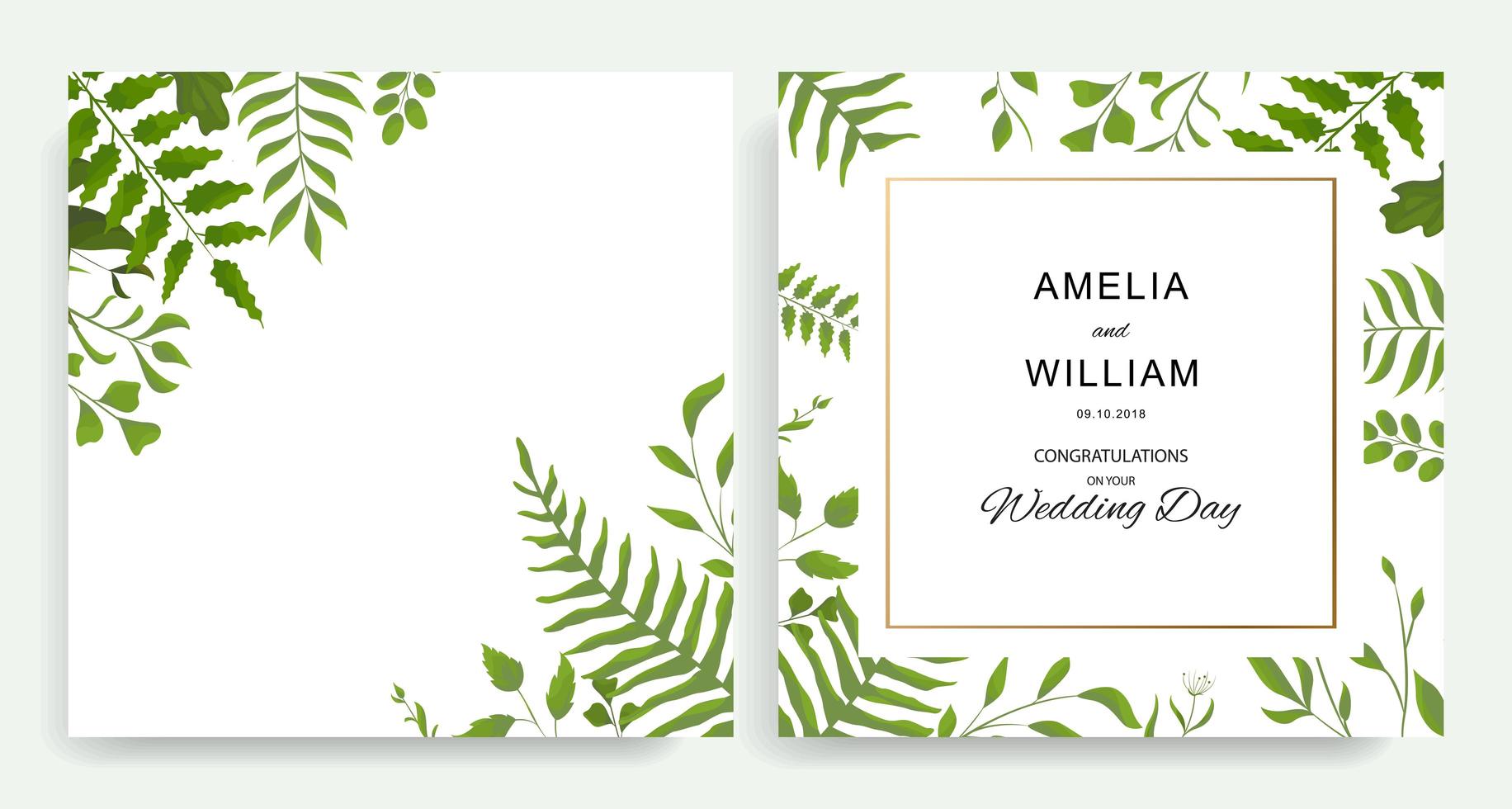 Square wedding invite cards with green leaves vector