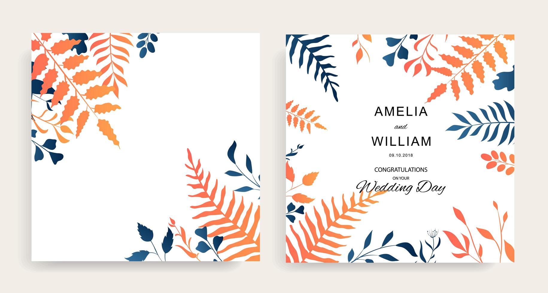 Wedding floral invite set with blue and orange leaves vector