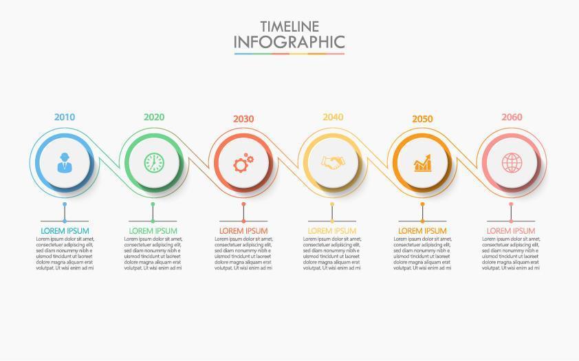 Infografía de línea de tiempo de círculo conectado de 6 pasos vector