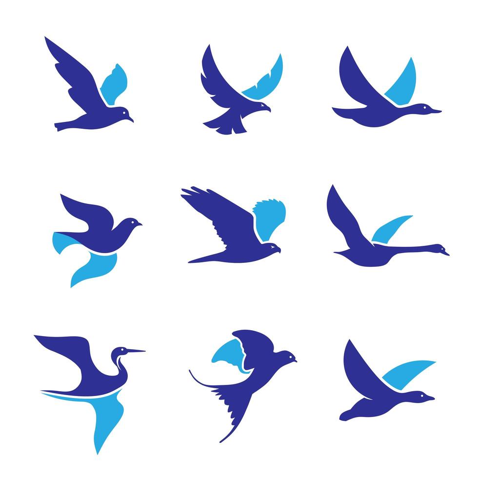 Collection of blue flying birds vector