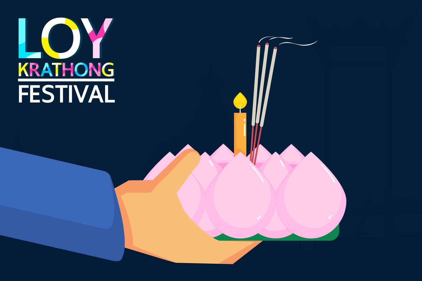 Loy Krathong Festival design with hands holding candle vector