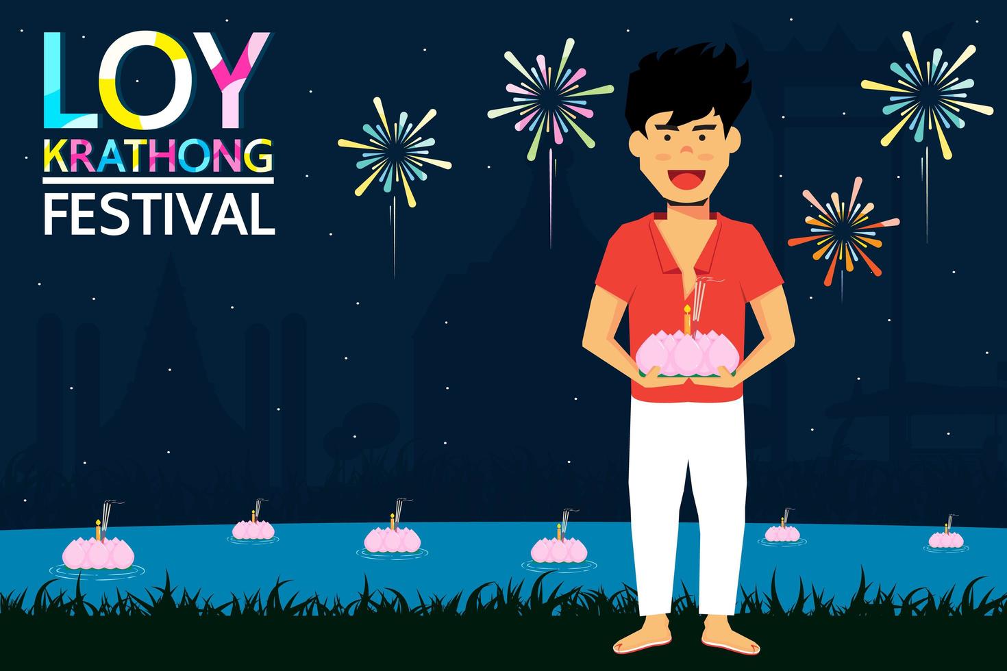 Loy Krathong Festival design with man holding candle vector