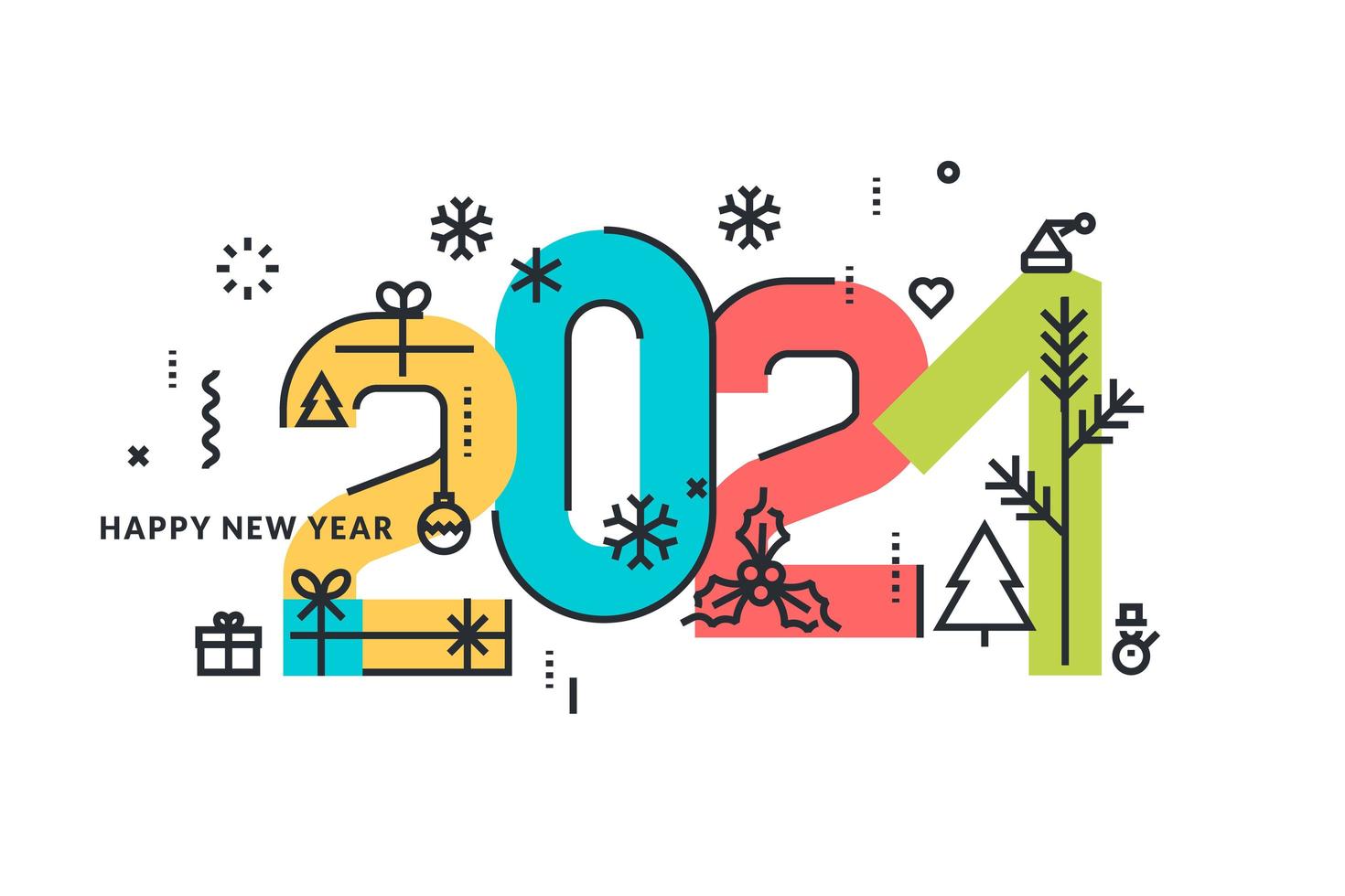 colorido diseño de año nuevo 2021 con iconos de vacaciones vector