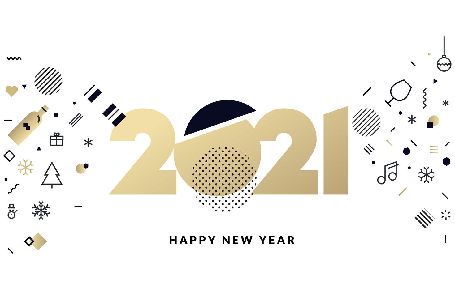 Golden 2021 New Year Design with Holiday Icons vector