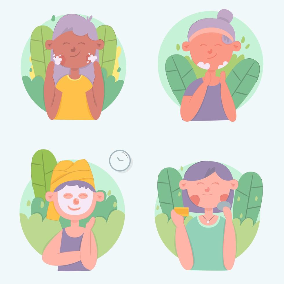 Women doing skincare routine set vector