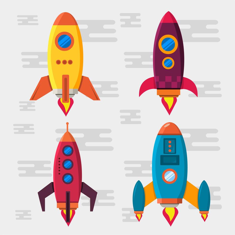 Various rockets flying up in flat style vector