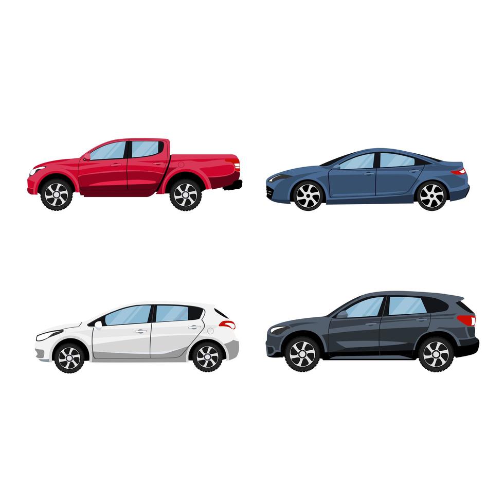 Pickup truck, hatchback, suv and sedan in side view vector