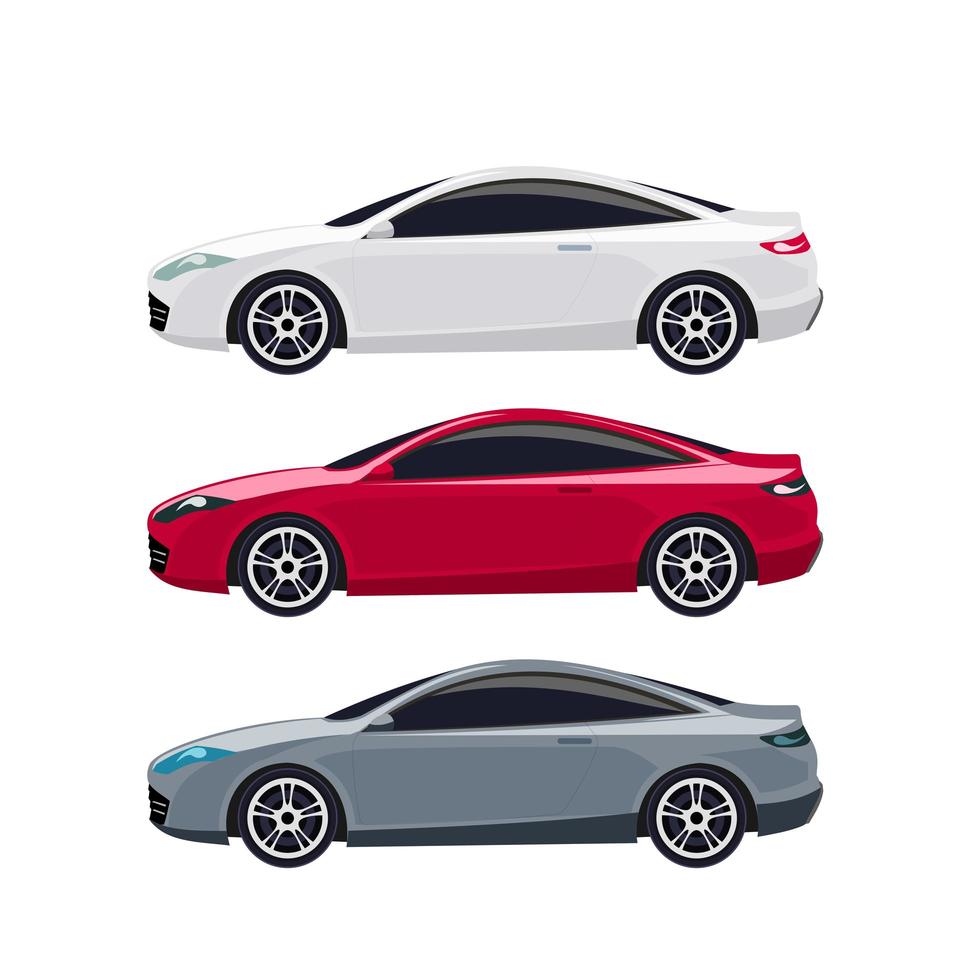 moderno conjunto de coches cupé blanco, rojo y gris vector