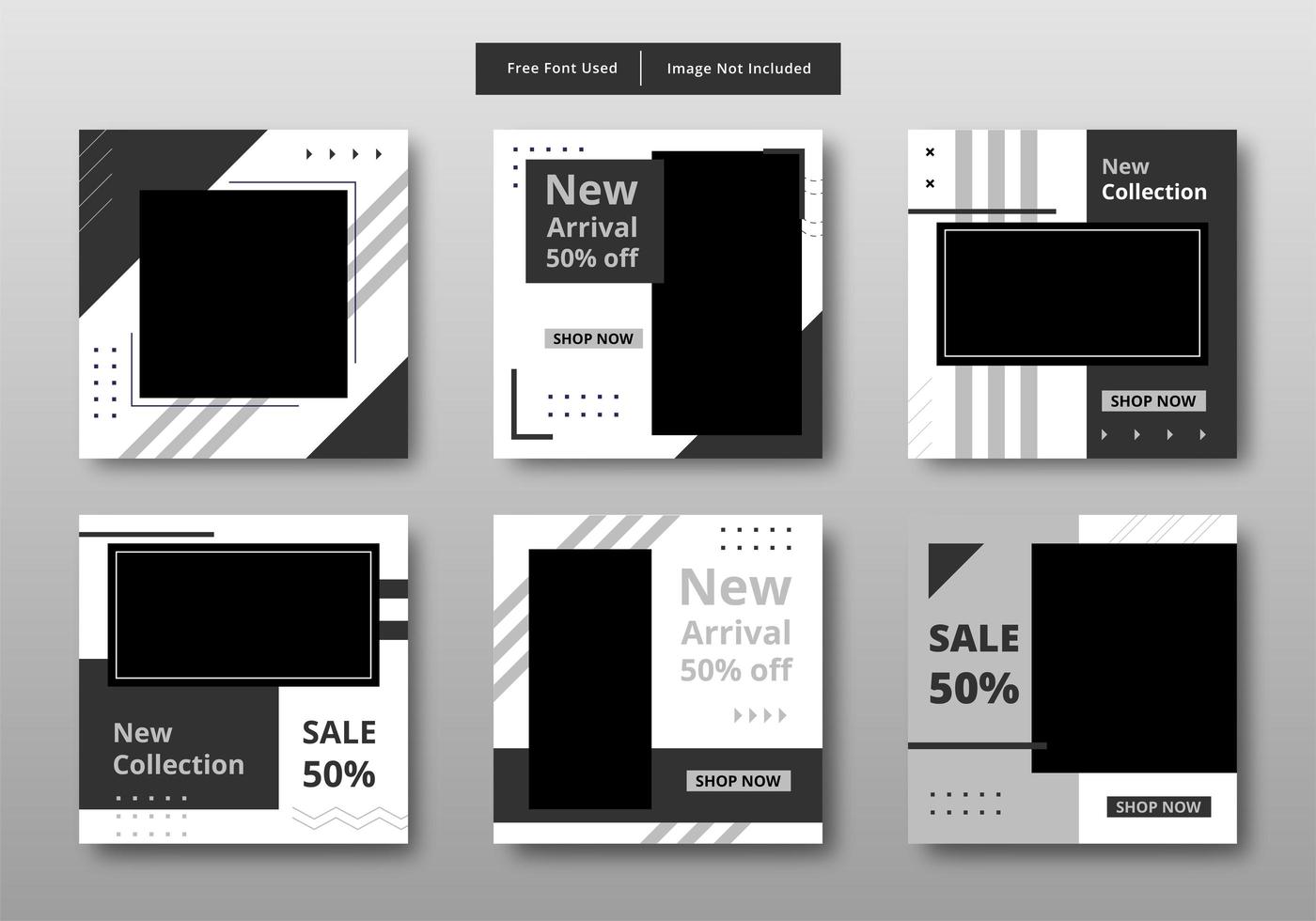 Geometric black and white social media sale post set vector