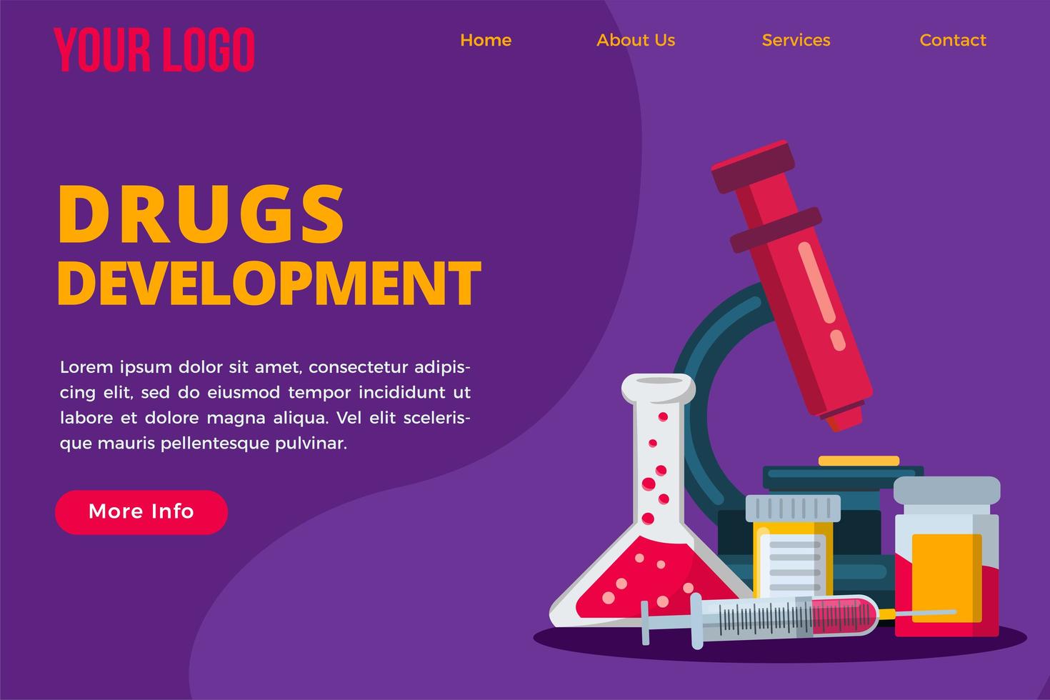 Drugs development concept landing page template vector