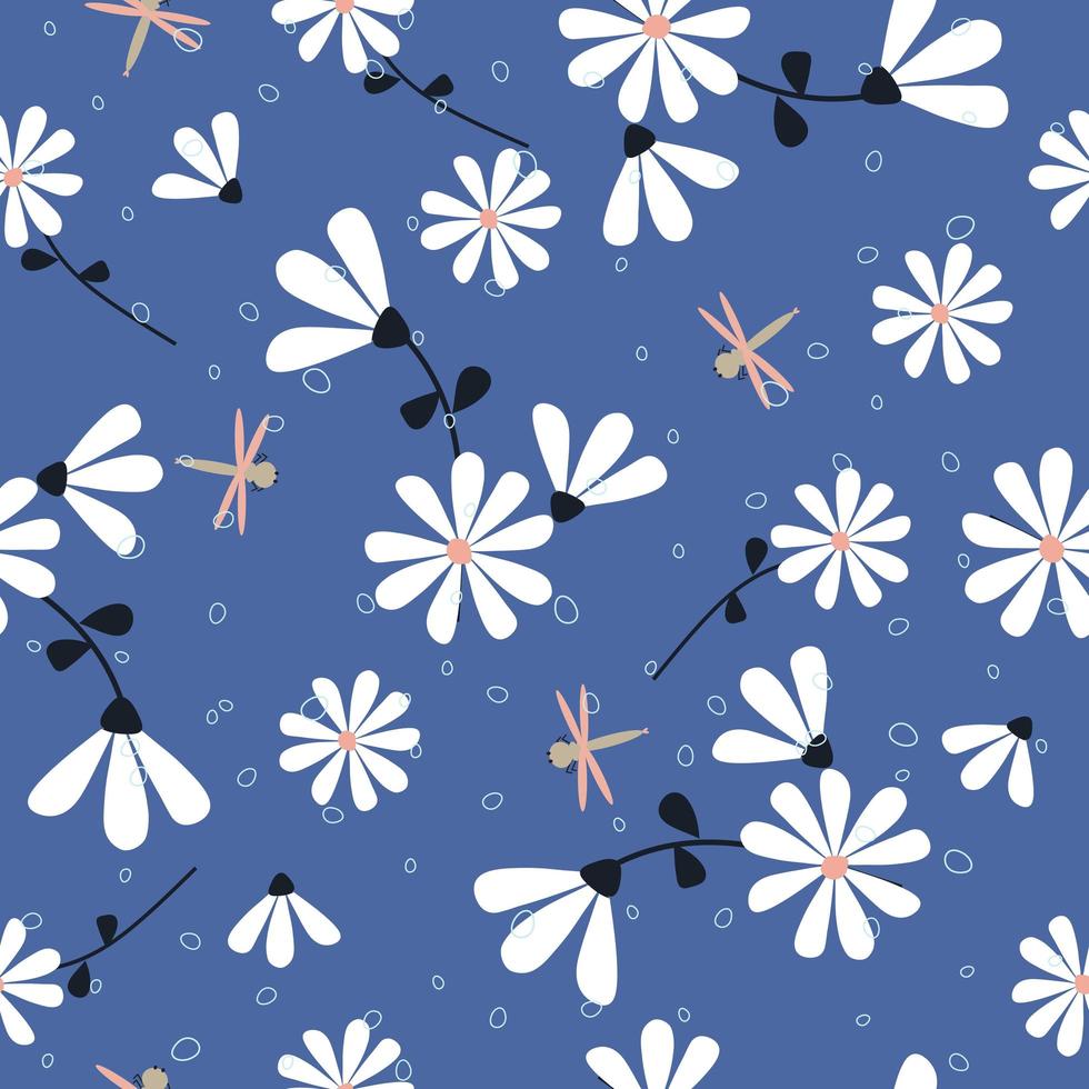 Cute hand drawn flowers and dragonfly pattern vector