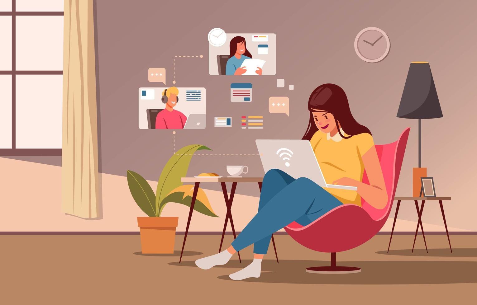 Young woman working on laptop at home vector