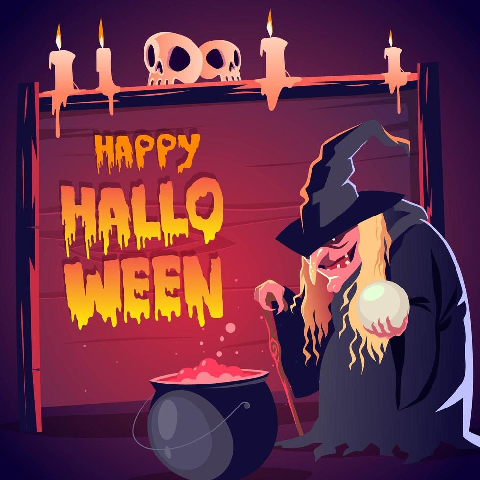 Happy Halloween Card with Witch and Cauldron vector