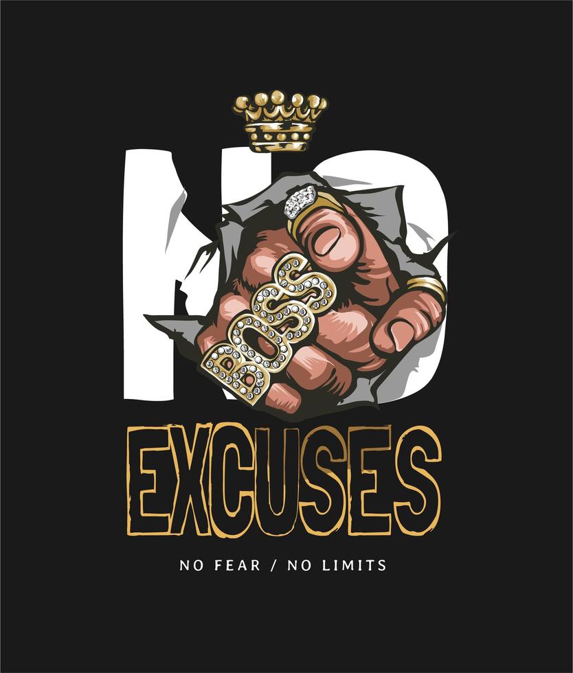 No Excuses Slogan with Pointing Hand in Gold Rings vector