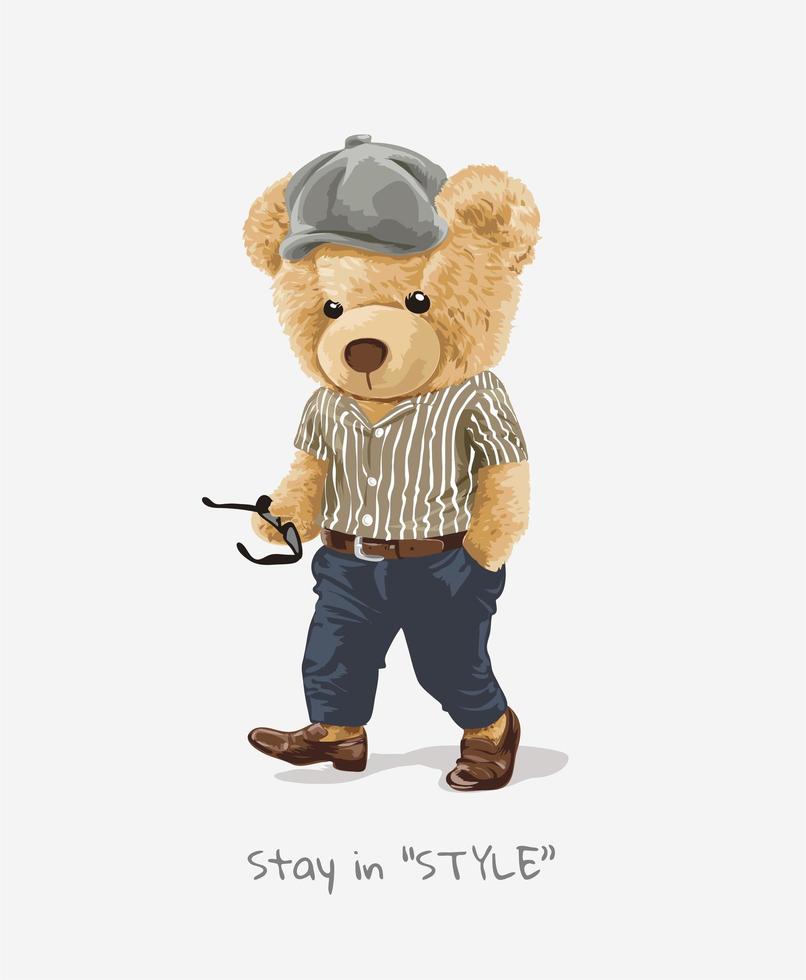 Style Slogan with Bear in Fashionable Clothes Apparel Design vector