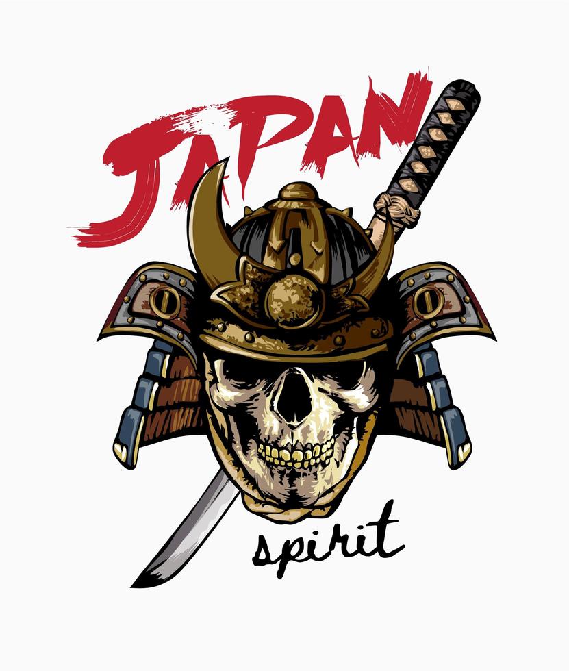 eslogan del espíritu de Japón con calavera en casco samurai vector