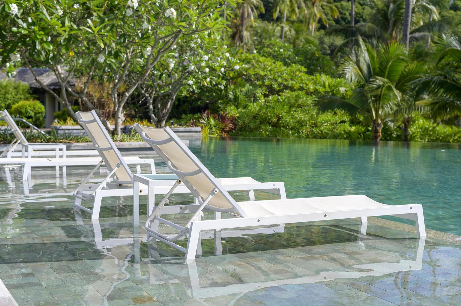 View of swimming pool with green tropical garden  photo