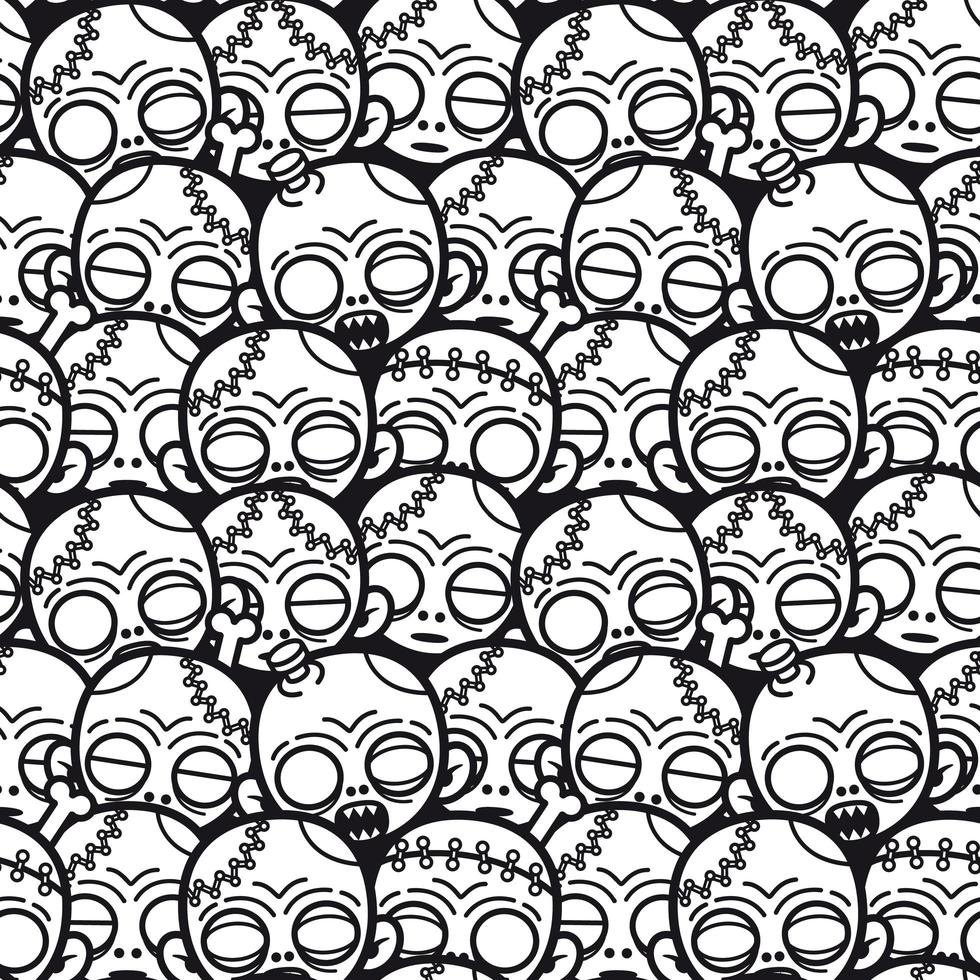patrón de cara de zombie de dibujos animados en blanco y negro vector