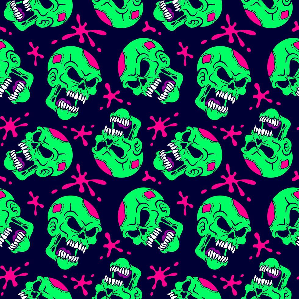 Neon zombie skull and blood splat pattern vector