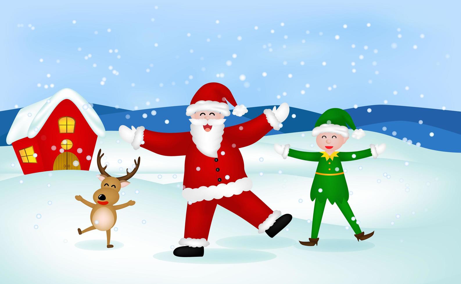 Santa Claus, reindeer and elf in Christmas snow scene vector