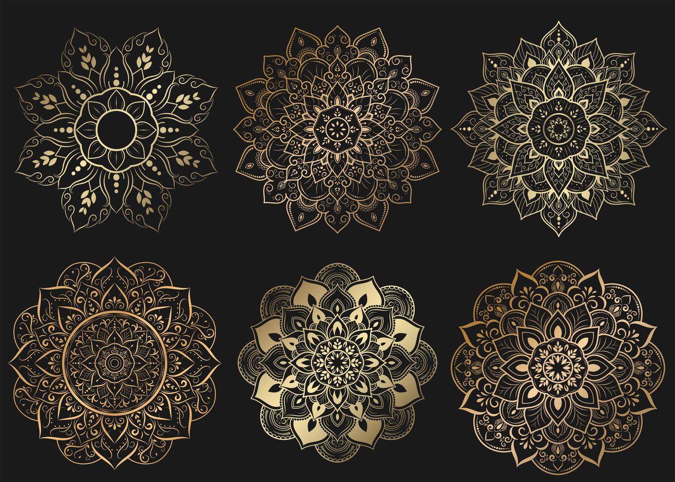 conjunto de mandalas de oro con patrón de flores en negro vector