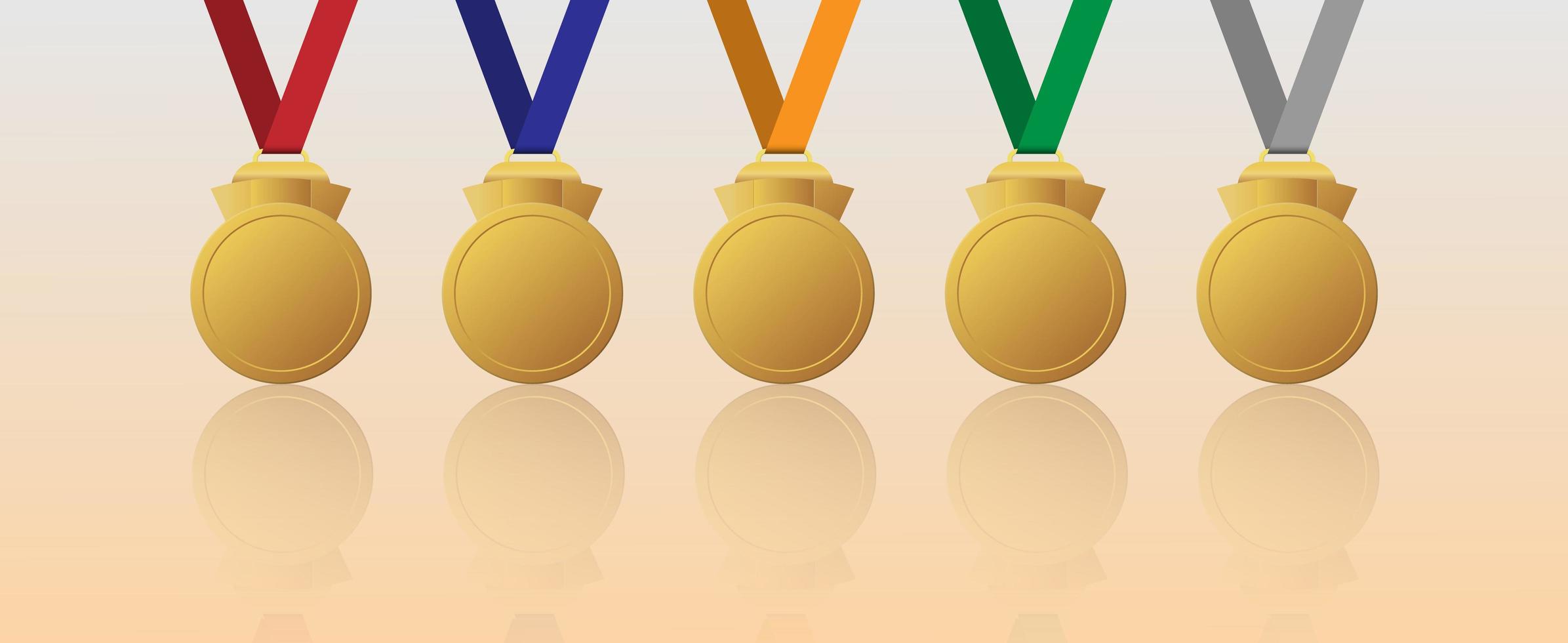 Set of blank gold medals with multicolour ribbons vector