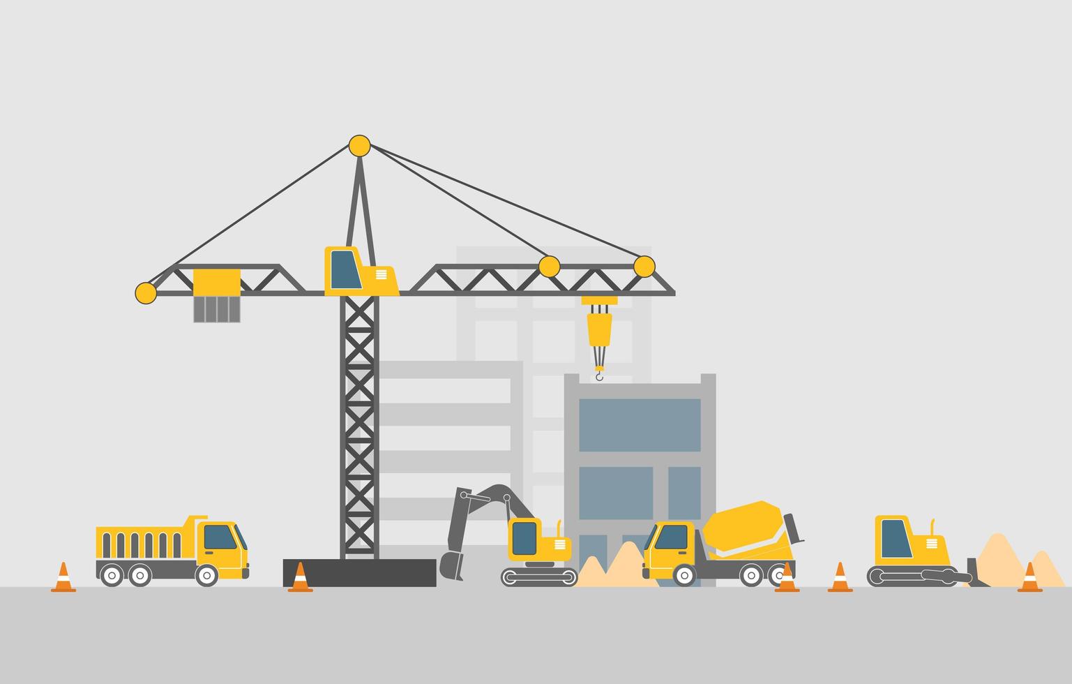 Construction site with construction machines flat design vector