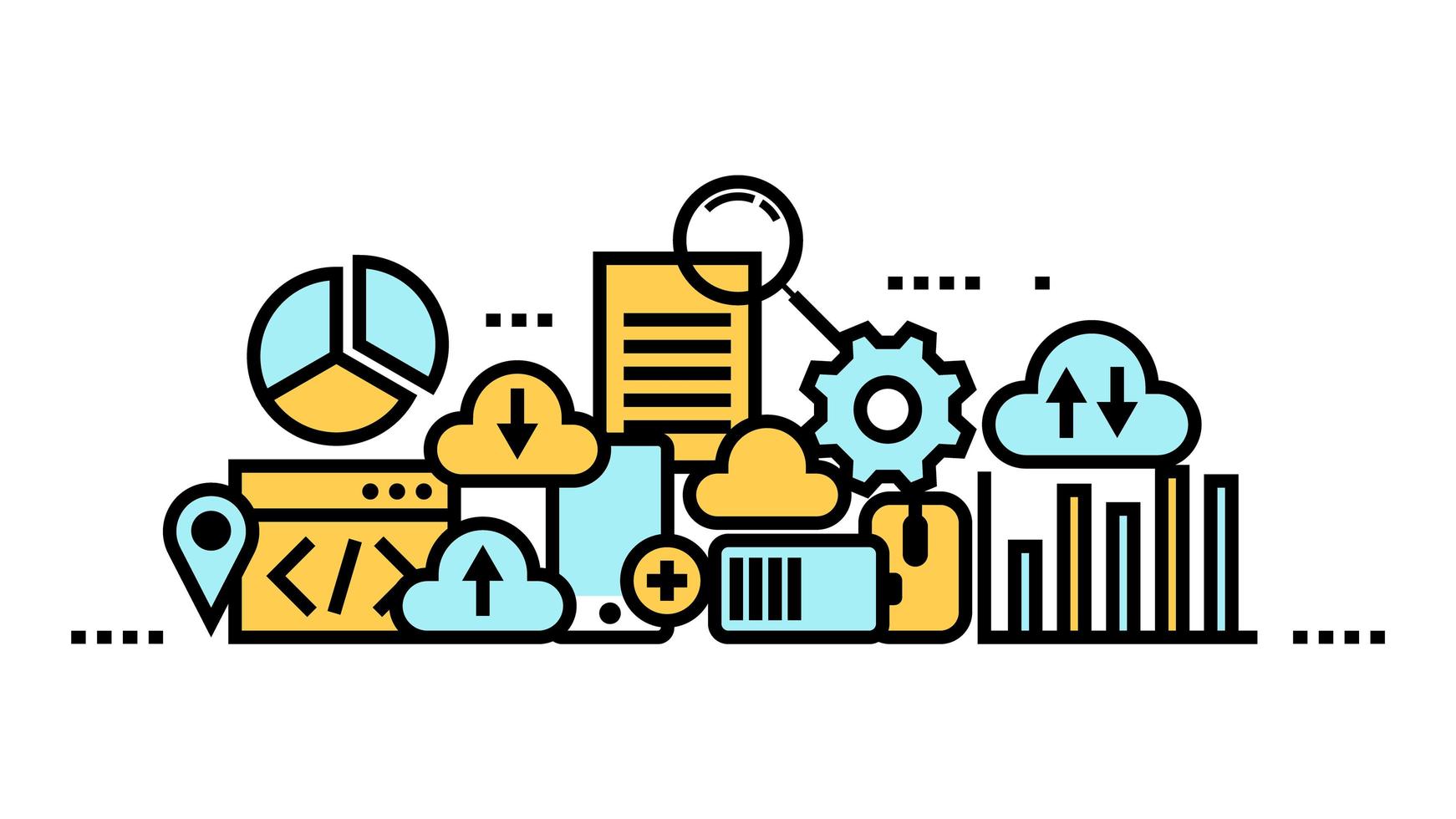 Cloud computing, data storage, web services line art icons vector