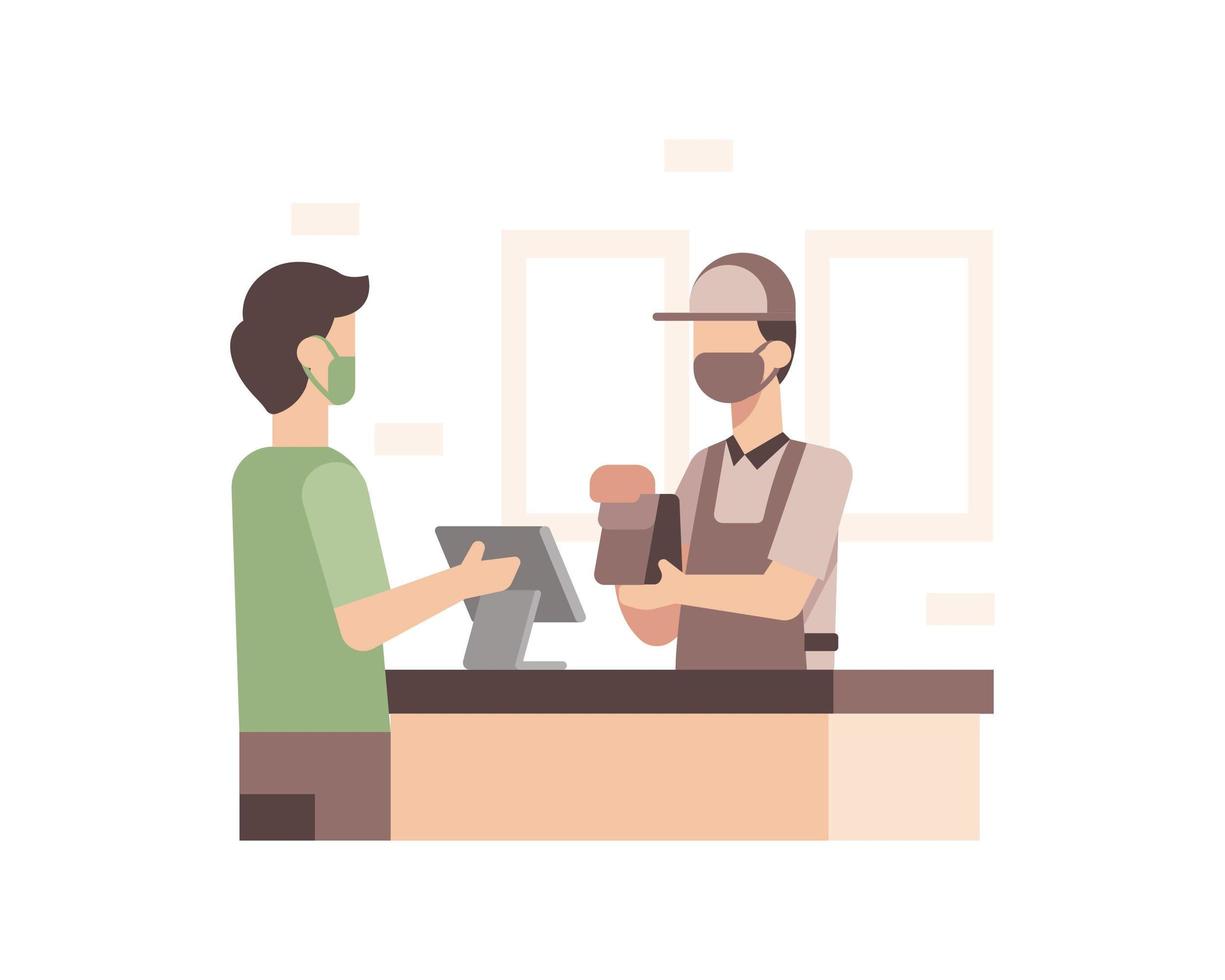 Masked Supermarket Cashier and Customer vector