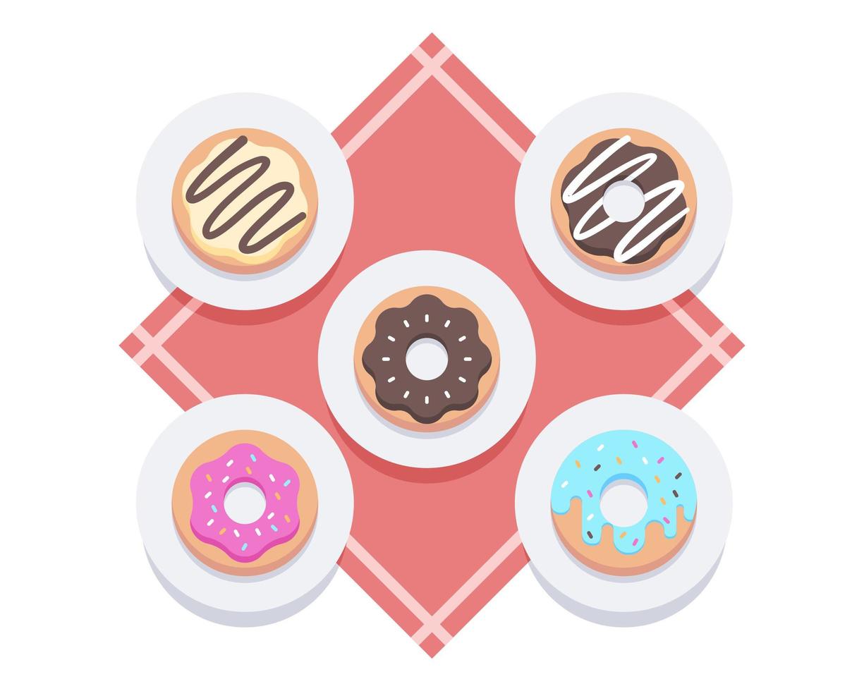 donas dulces en platos planos laicos vector