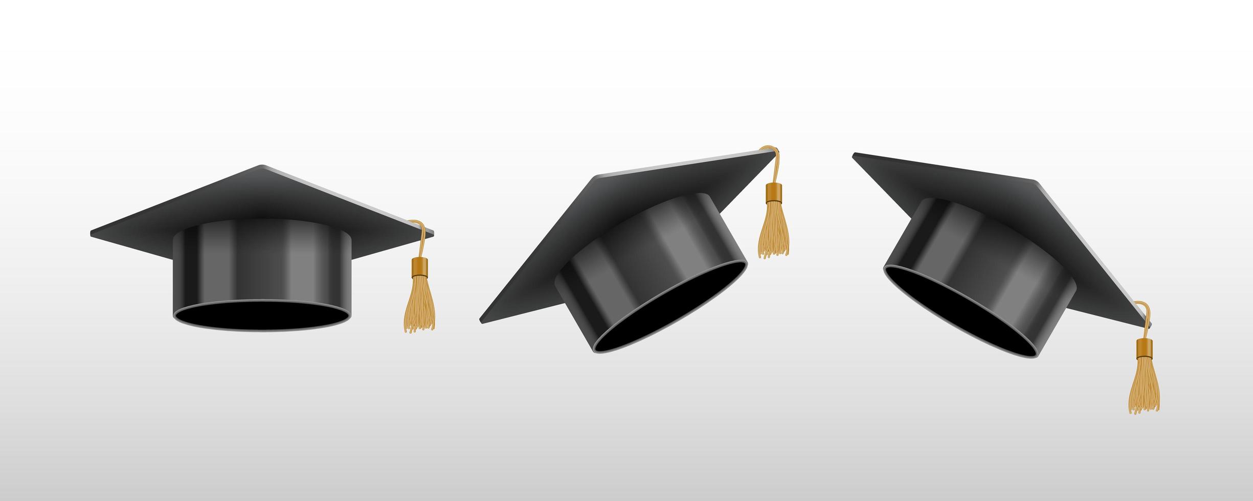 Realistic graduate university or college black caps vector