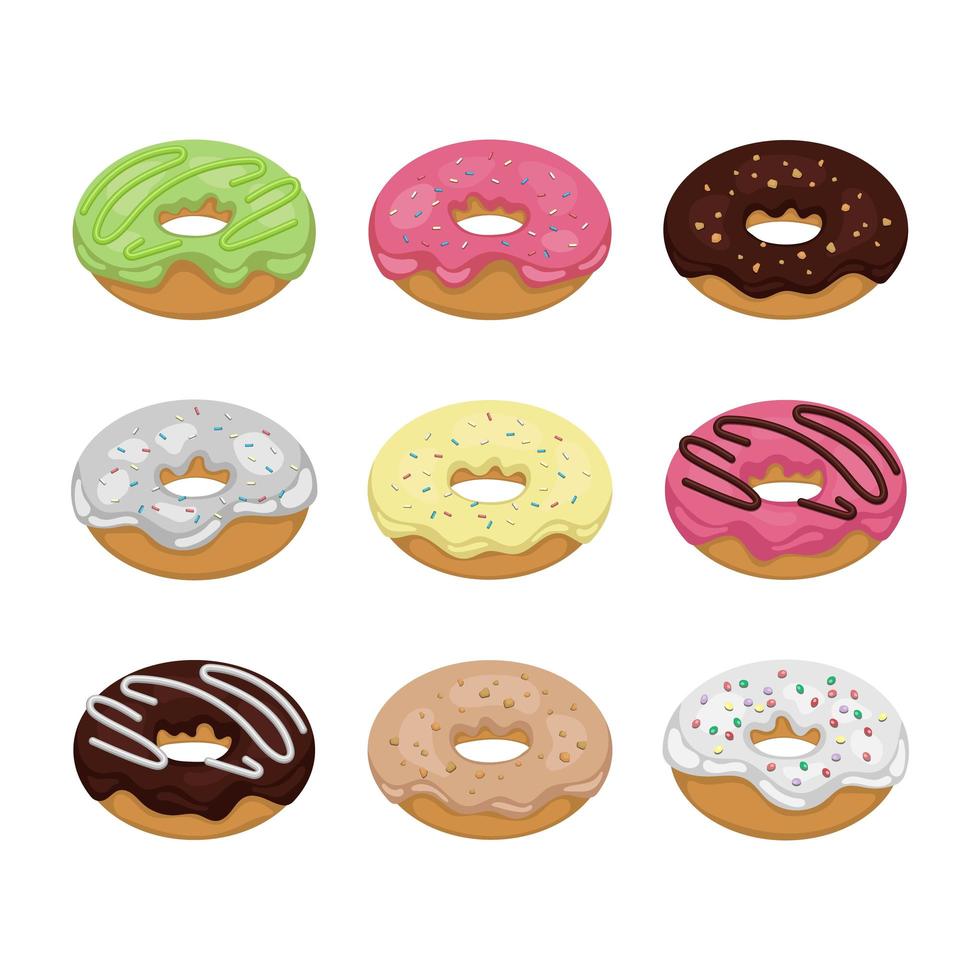 conjunto de coloridos deliciosos donuts vector