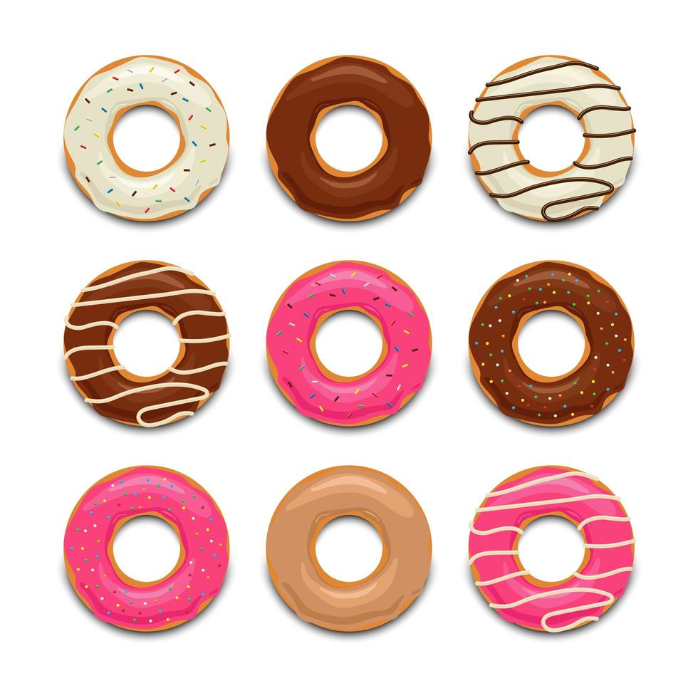 Top view set of colorful tasty donuts vector