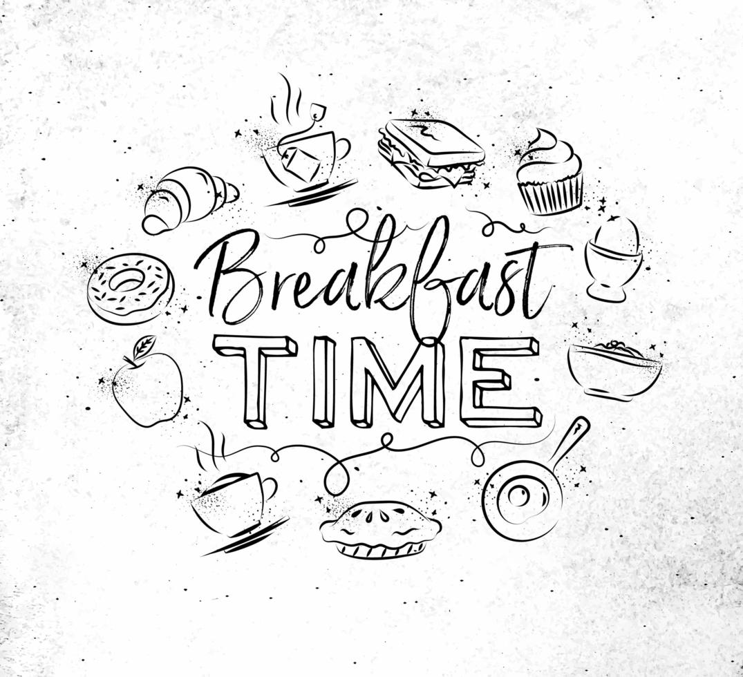 Hora del desayuno firmar en estilo grunge dibujado a mano vector