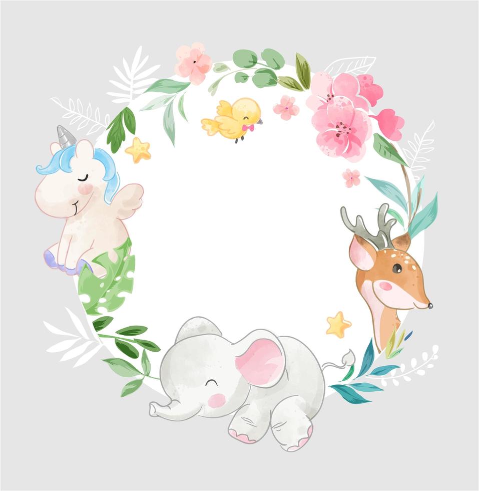 lindo animal y flores en forma de círculo vector