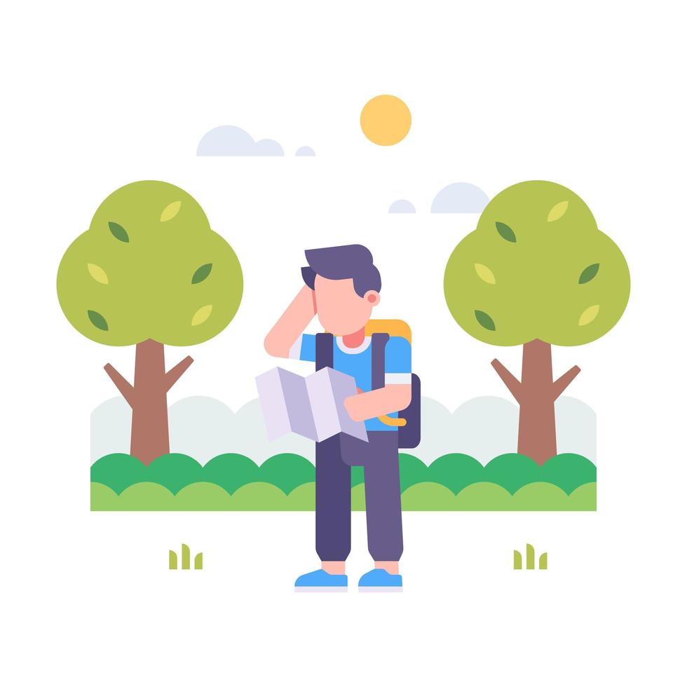 Person Holding Map Getting Lost in Nature vector