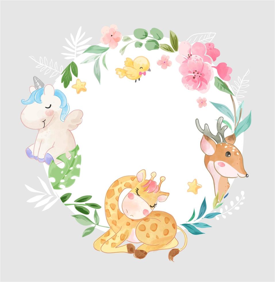 Cute Animal in Circle Flowers Frame vector