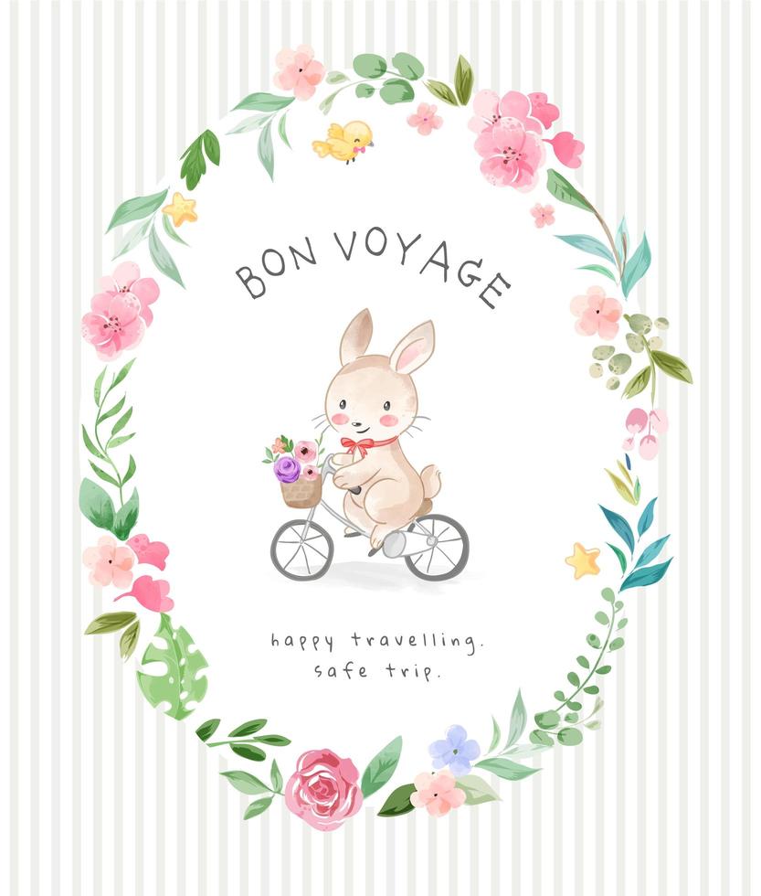 Bon voyage conejo en marco de círculo de flores vector