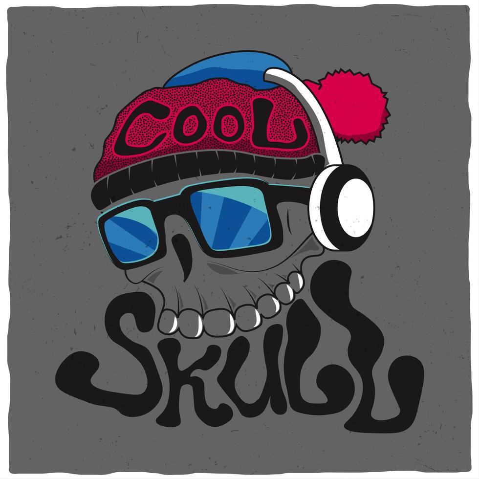Skull with Hat and Headphones T Shirt Design vector