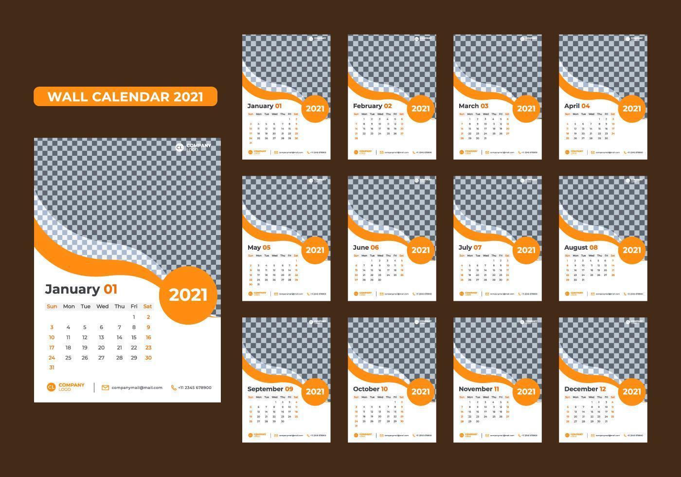 Set of 12 month 2021 wall calendar templates vector