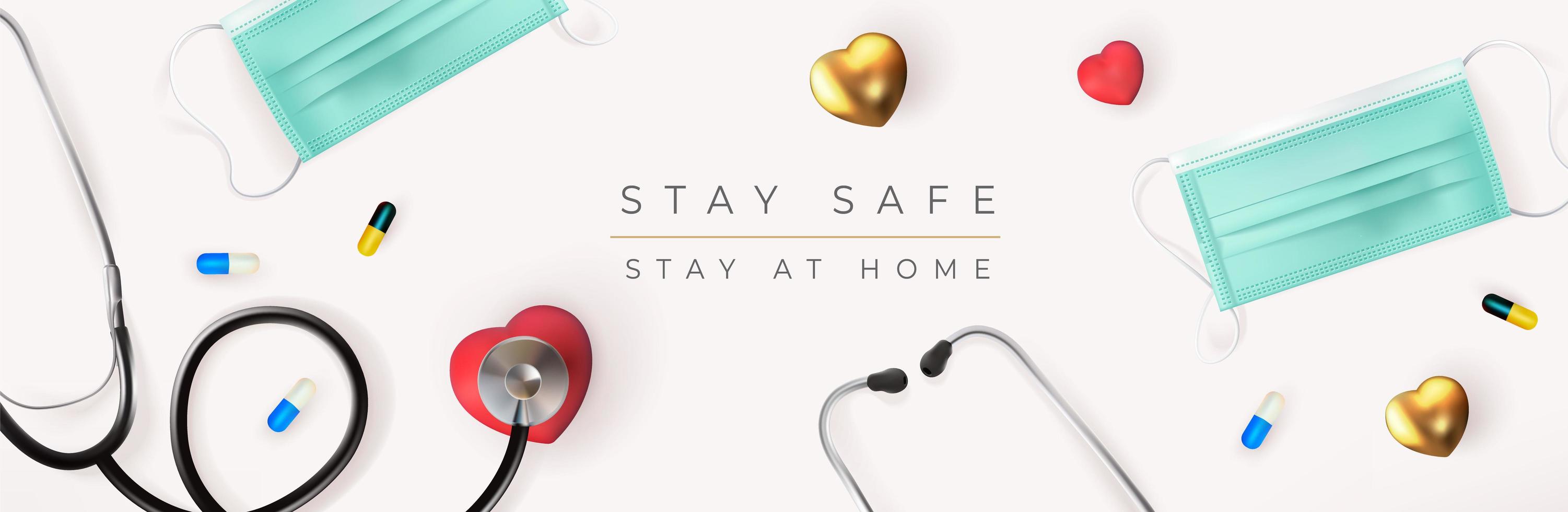 Stay Safe Banner Sign with Medical Mask and Stethoscope vector