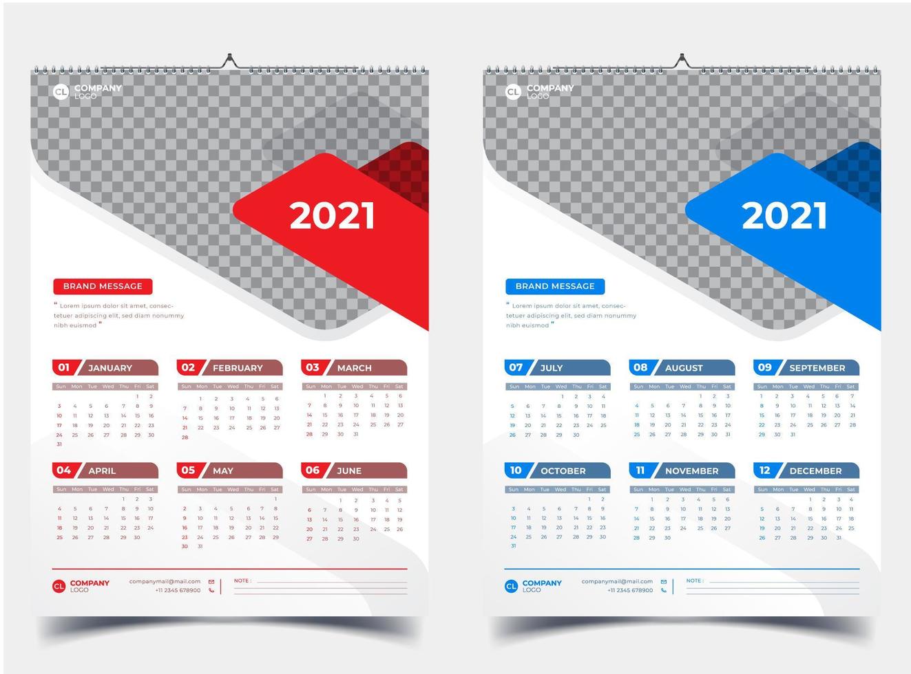 calendario de pared de dos páginas con acento rojo y azul 2021 vector