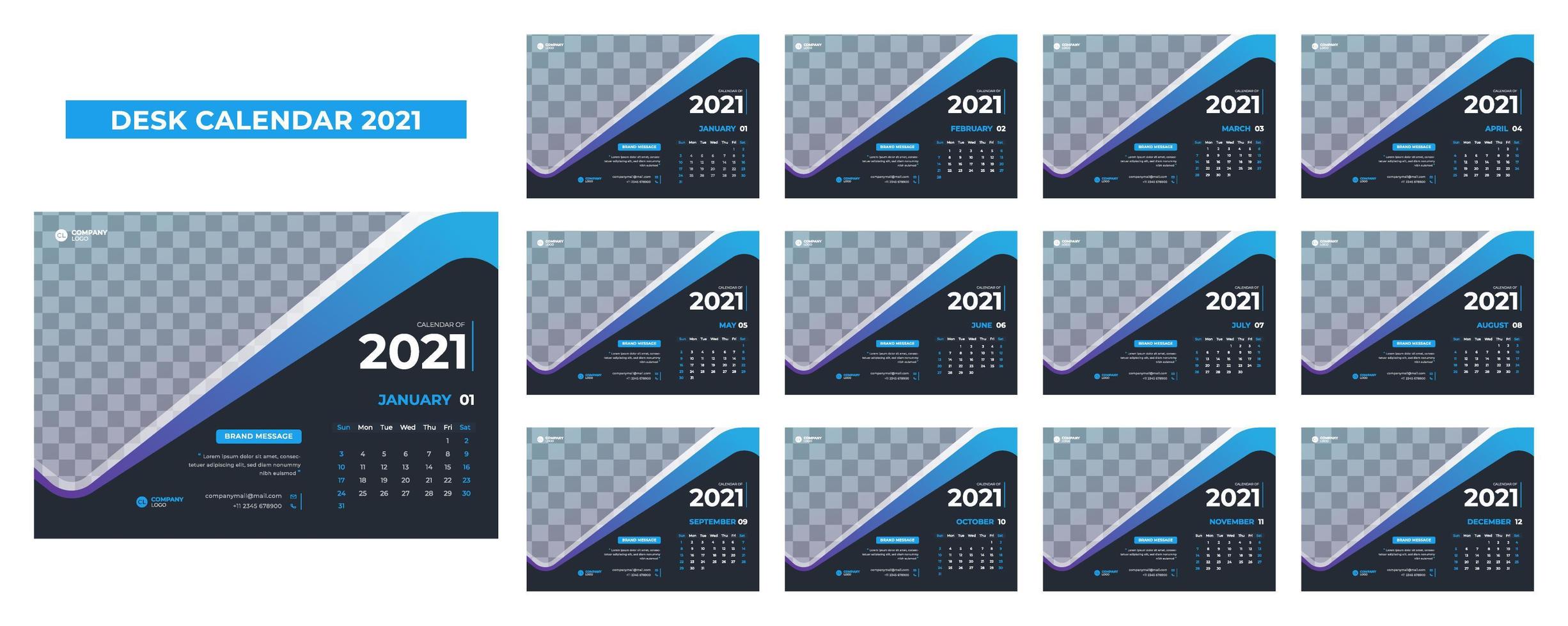 Calendario de escritorio azul y gris para 2021. vector