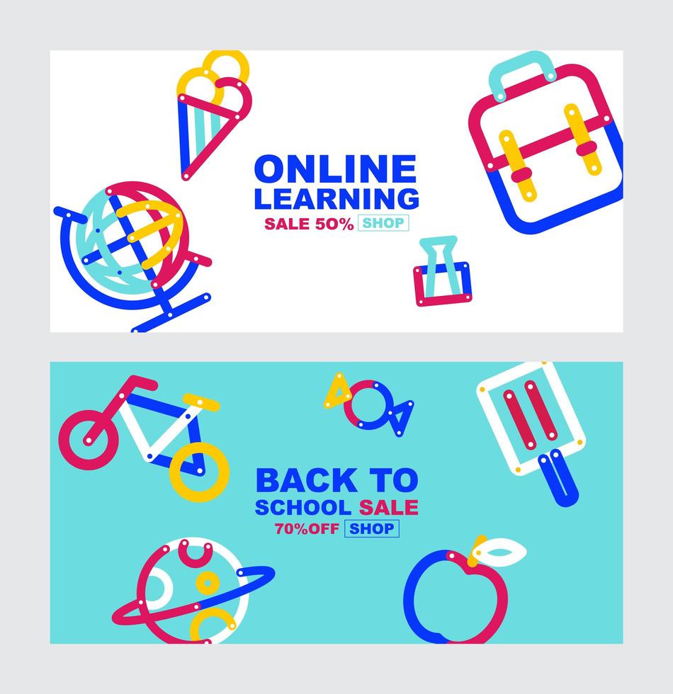 Back to school, online learning sale banner set vector