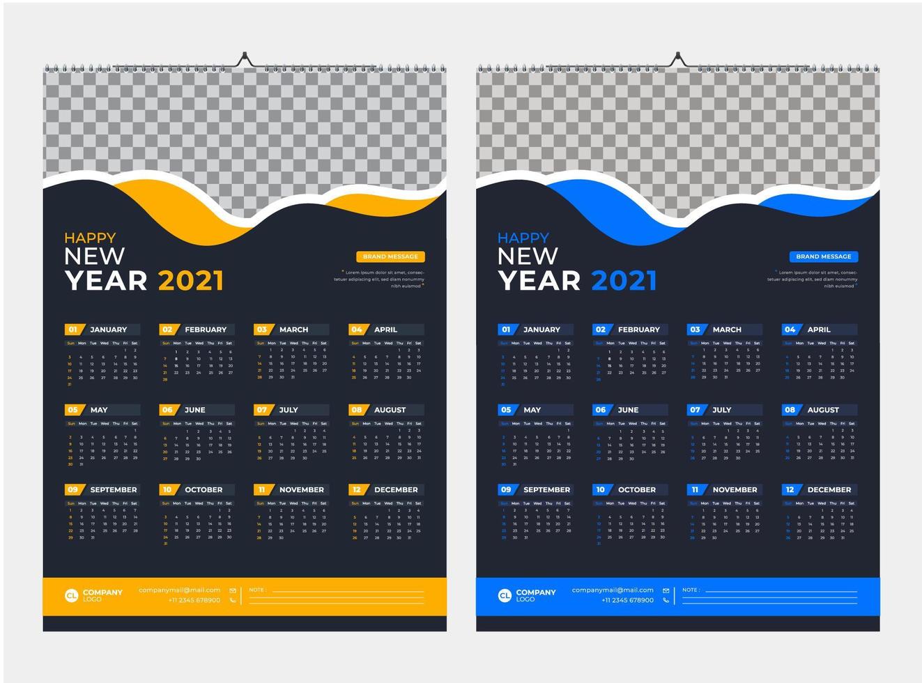 plantilla de calendario de pared de una página amarillo y azul 2021 vector